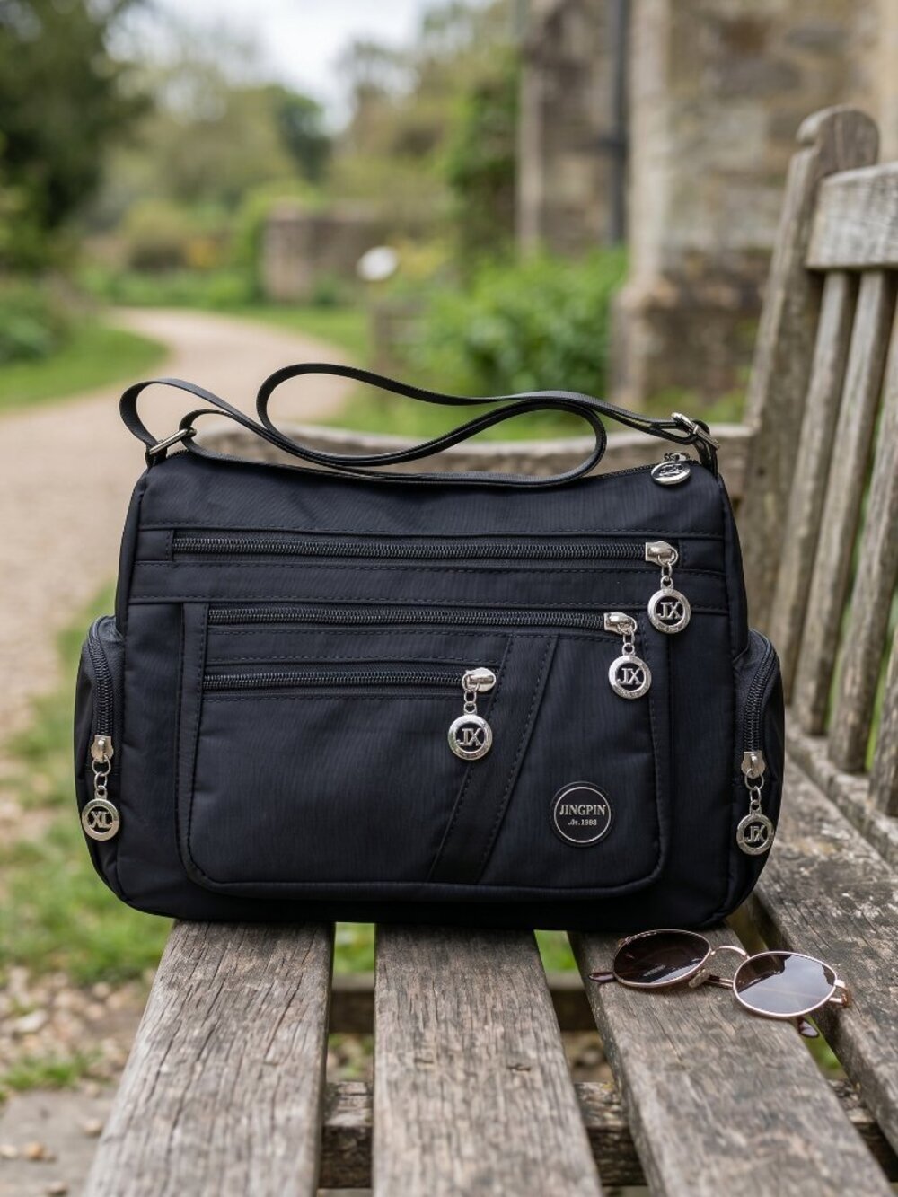 Nylon Crossbody Bag Black Multi Pocket Waterproof Travel Messenger Lightweight